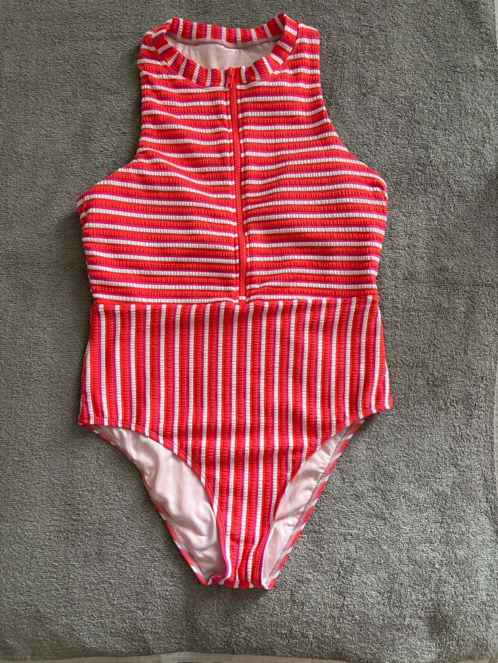 Splendid Orange Pink Seersucker Stripe Zip Front One-Piece Swimsuit Size Large